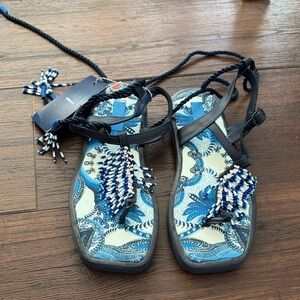 FARM Rio Blue tile Banana Beaded Sandals. They run big like an 8.